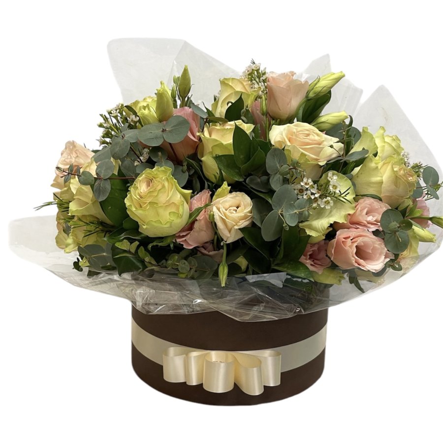 Hatbox of colourful roses 